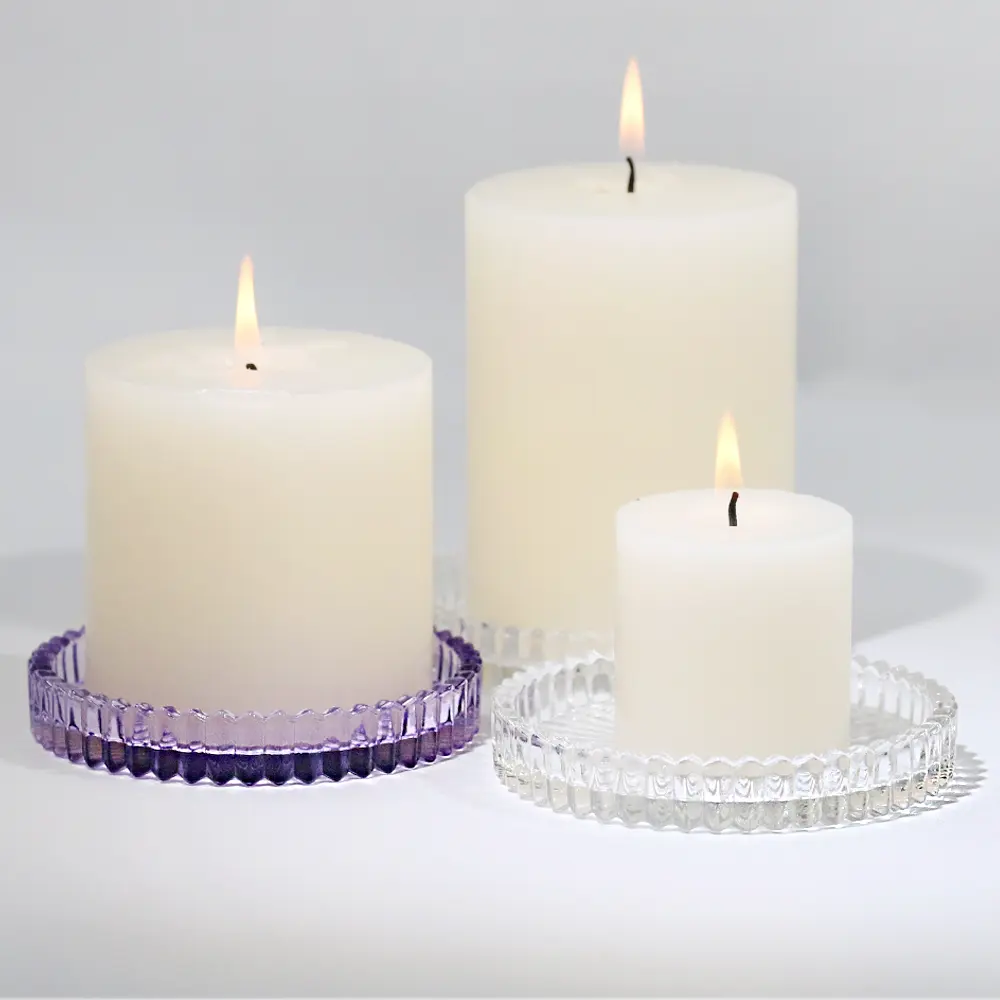 Claro y púrpura, etc. Placa de candelabros de vidrio redondo de varios colores para velas de Pilar