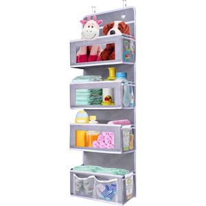Grey Four-Grid Transparent Non-woven PVC with Mesh Bag Door <b>Storage</b> Hanging Bag for Bedroom Over Door Organizer <b>Storage</b> - Product Image 1