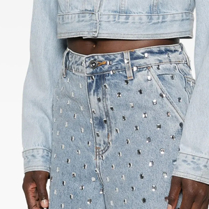 Jean <span class=keywords><strong>taille</strong></span> <span class=keywords><strong>basse</strong></span> pour <span class=keywords><strong>femme</strong></span>, coupe droite ample, denim délavé vintage, entièrement orné de strass, style streetwear sexy, look décontracté - Product Image 4