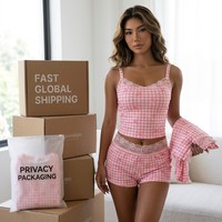 Ensemble de pyjama court pour femme style européen et américain, rose à carreaux, avec dentelle, séchage rapide, respirant, taille élastique, doux pour l'été et la maison