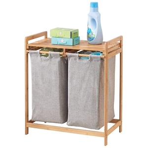 Home Bamboo Wooden Double Laundry Hamper with Top Shelf Organizer Storage Laundry Bag