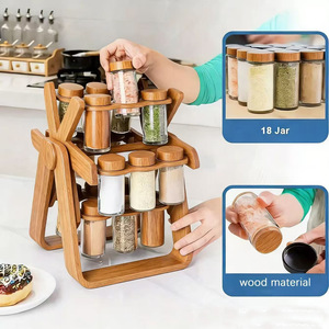 Étagère à épices rotative en bois avec bocaux en verre et couvercles hermétiques, organiseur de rangement pour épices et condiments, usage domestique - Product Image 3