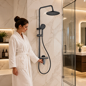 Kit Doccia <span class=keywords><strong>in</strong></span> Rame, Colore Grigio, <span class=keywords><strong>con</strong></span> Soffione Regolabile a Tre Funzioni, Pannello <span class=keywords><strong>in</strong></span> Vetro Temperato - Product Image 2
