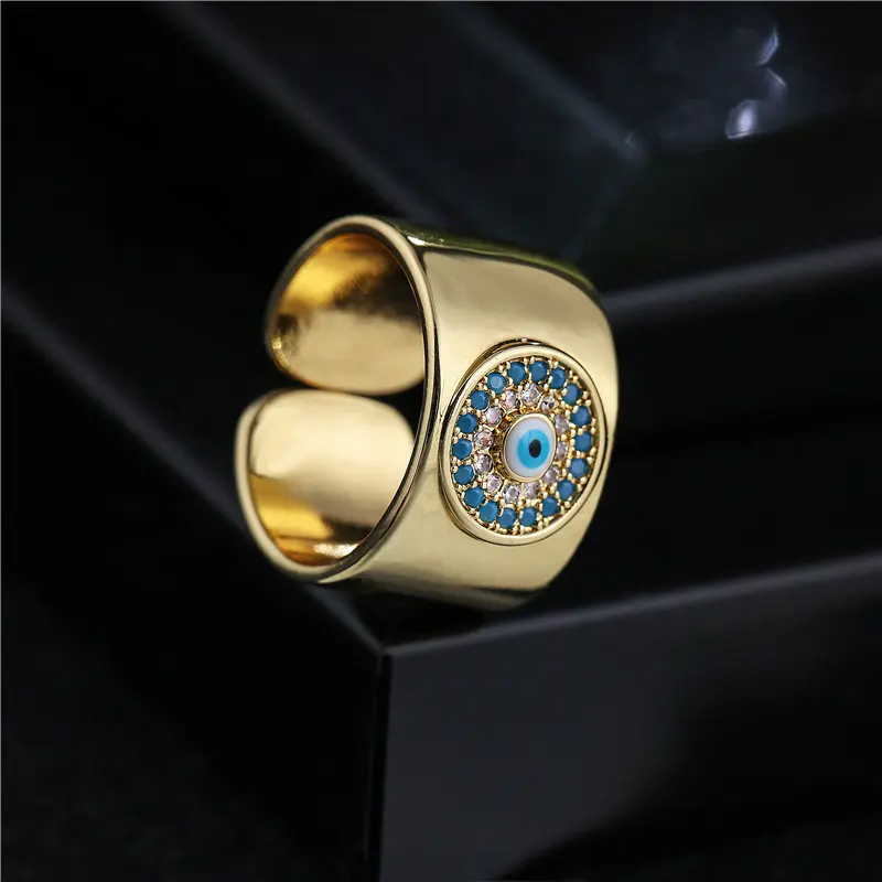 Anillos de bola de ojos malvados chapados en oro de 11mm y 18k, joyería para mujer, ojos turcos, anillos de circón ajustables para hombre