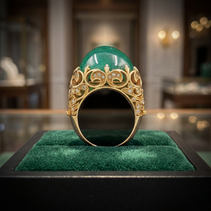 Impresionante Anillo de Cóctel con Cabujón de Jade Esmeralda y Diamantes, con Diamantes de Corte Redondo Engastados en Pavé, Producto Único - Product Image 2