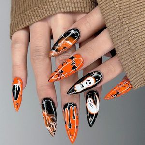 Mode longue amande cercueil faux ongles en boîte <span class=keywords><strong>Halloween</strong></span> <span class=keywords><strong>Orange</strong></span> fantôme chauve-souris araignée faux ongles avec colle presse sur les ongles pour les femmes - Product Image 1