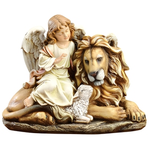 Statuetta <span class=keywords><strong>in</strong></span> Resina di Angelo Seduto con Leone e Agnello, 29 cm - Product Image 1