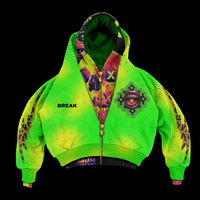 Sudadera con capucha de corte holgado estilo streetwear, con cremallera completa, doble capa, 600 g/m², corte crudo en el bajo, lavado ácido, efecto desgastado por el sol, con tachuelas y pedrería, para un ajuste cómodo.