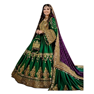 Vestido Afgano de Satén Verde Lujoso con Bordado Dorado, Cuentas y Encaje, Cintura Natural, Corte Ajustado y Acampanado, Manga Larga, Largo hasta la Rodilla, Formal - Product Image 6
