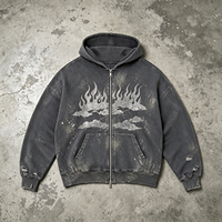 Sweat à capuche zippé gris foncé épais, effet vintage, graphique flamme vieilli, délavage acide, streetwear, coton molletonné délavé soleil