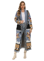 Herbst Winter Bohème Jacquard Strickjacke Damen Vintage Langarm Extra Langer Pullover Mantel