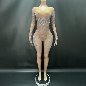Tute da donna con diamanti a maniche lunghe alla moda tute da festa per donna alla moda elasticizzato tinta unita Sexy per discoteca - Product Image 1