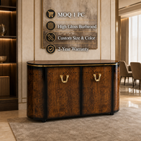 Buffet de luxe en bois de palissandre brillant avec coins arrondis et poignées dorées pour salle à manger d'hôtel, taille personnalisée