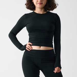 T-shirt basique à manches longues pour femme, 90 % coton, 10 % élasthanne, coupe ajustée très extensible, hauts de sport pour la gym - Product Image 2