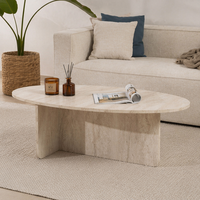 Table basse ovale moderne avec base en piédestal solide, élégante et minimaliste, aspect pierre, table centrale pour le salon