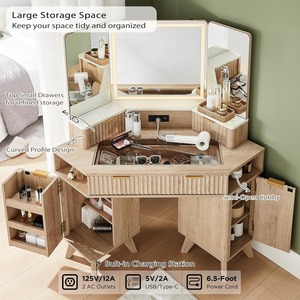 Wholesale Hot Selling Modern Bedroom Wooden Fluted Makeup Vanities Desk Large Corner <strong>Dressing</strong> <strong>Table</strong> <strong>Lights</strong> Mirror Charging - Product Image 3