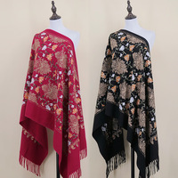 Écharpe d'hiver ethnique en cachemire imitation de haute qualité pour femme, broderie florale et pompons, vente en gros