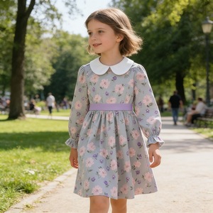 Wholesale Floral Print Girls <strong>Peter</strong> Pan Collar Dress Bubble Long Sleeve Belted Outfit for Outdoor Daily Holiday Factory Supply - Product Image 4