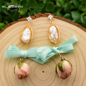 GLSEEVO Bow Dangle Earrings For Women Natural Fresh Water Baroque Pearl Handmade Engagement Earrings Fine Jewelry GE0492