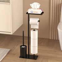 Porte-papier toilette autoportant en métal noir avec plateau de rangement et brosse WC, support de rangement multifonction pour salle de bain