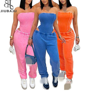 Washed <strong>Strapless</strong> <strong>Bodysuit</strong> and Jogger Pants Set for Women 2025 Trendy Two Pieces Jogging Suit Active 2 Piece Sets - Product Image 1