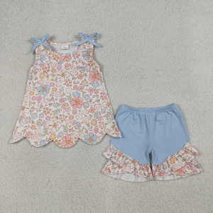 Wholesale Adorable Boutique Toddler Girl Casual Floral Print Short Sleeve Scallop Tops and Ruffle Shorts 2 Pcs Sets for Summer - Product Image 3