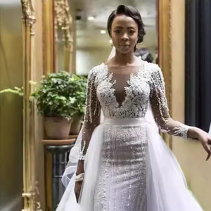 Wedding Dress V Neck Long Sleeve Embroidered Lace Sheath White Natural Waistline Vintage Style - Product Image 2