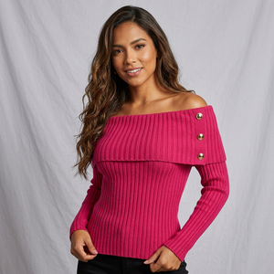 Hot Pink Ribbed Solid Short <b>Women</b> <b>Cardigan</b> off Shoulder Long Sleeve Knit <b>Button</b> Front Slim Fit Top Sheer Layer All Seasons - Product Image 5