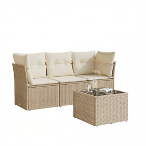 Conjunto de Sofá de Jardín de Mimbre Sintético de 3 Plazas, Muebles de Exterior con Mesa de Vidrio Templado, Diseño Contemporáneo, Resistente a la Intemperie - Product Image 1