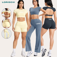 LORISOW Ensemble de sport personnalisé pour femme : T-shirt à manches courtes et pantalon évasé pour le yoga et l'entraînement