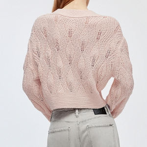 <span class=keywords><strong>Cardigan</strong></span> court en tricot à col en V <span class=keywords><strong>ajouré</strong></span> rose doux et quotidien pour femmes, nouveau design personnalisé Wisrise - Product Image 2