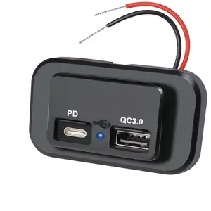 DC 12V-24V矩形USB插座C QC3.0 PD + QC 3.0快速充电蓝色发光二极管电源适配器车载充电器通用串行总线插座