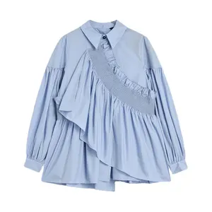 Irregular Pleated Women's Blouse Spring Autumn Long Sleeve Top 2021 New Loose Simple Laides' Shirts Fashion Solid Color Blusas