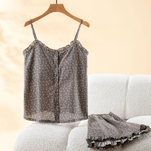 Summer Cool Comfortable Bamboo Cotton Sleeveless Crew Neck Pajamas Women's Sling Shorts Chest Pads Simple Home Women's <strong>Clothing</strong> - Product Image 5