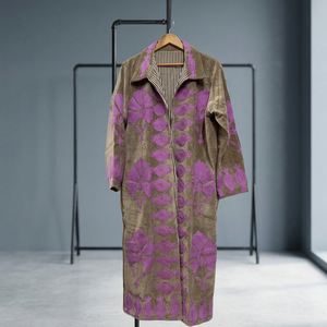 Wholesale Custom Handmade Taupe Grey <b>Velvet</b> Suzani Long Coat Featuring <b>Purple</b> Pomegranate Motif Applique Embroidery Vintage Boho - Product Image 1