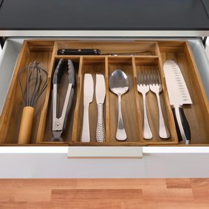 Organisateur de tiroir de cuisine en <span class=keywords><strong>bois</strong></span> d'acacia de luxe en gros pour couverts et ustensiles, plateau réglable, boîte de rangement pour tiroir de cuisine - Product Image 5