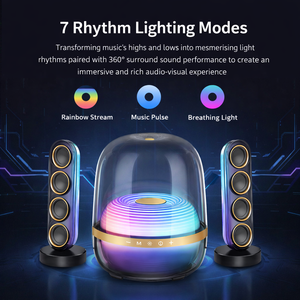 ลำโพงไร้สายโปร่งใส 130W 2.1 พร้อมซับวูฟเฟอร์แบบแอคทีฟ, ลำโพงแซทเทิลไลท์คู่, 360 °   เอฟเฟกต์แสง RGB ซิงค์กับจังหวะ - Product Image 3