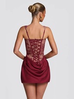 Robe d'été ajustée style club, sexy, dos nu en dentelle, coupe trapèze, col carré, taille empire, drapée, à volants, tissée unie, lavable