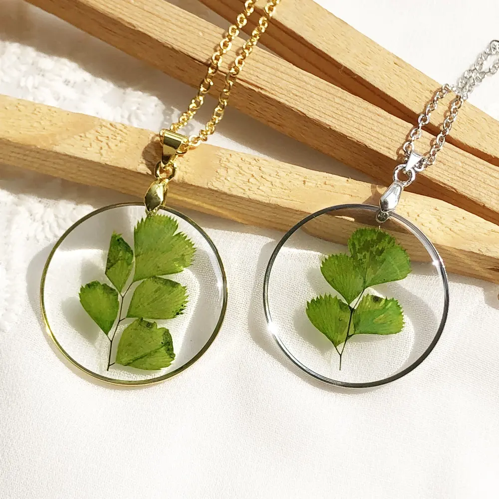 Nature Gold Silver Circle Bezel Real Fern Resin Jewelry Bohemian Leaf Pendant Necklace