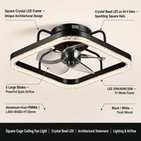 Ventilateur de plafond carré avec éclairage, perles de cristal, LED, moteur DC, 5 pales, montage encastré, intensité variable pour chambre, salon, salle à manger