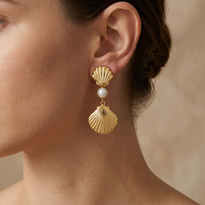 Boucles d'oreilles pendantes fantaisie en laiton plaqué or 18 carats avec perles de forme originale et coquillages, bijoux de plage tendance pour femme - Product Image 3