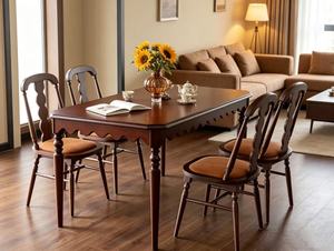 Vintage Dark <b>Wood</b> <b>Dining</b> <b>Table</b> Set, 4 Seater with Scalloped Edge & Upholstered Chairs - Product Image 2