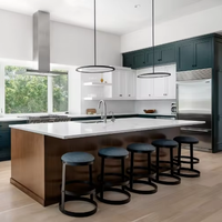 Armoires de cuisine modulaires en placage de noyer de luxe CBMmart avec 5 tiroirs, évier en quartz, îlot, table à manger