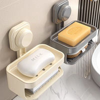 Support mural de salle de bain sans perçage pour savon en barre, double couche, avec porte-brosse de douche et porte-éponge à ventouse