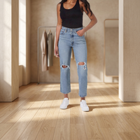Jean délavé clair pour femme, taille haute, coupe droite, en denim, décontracté, pour l'été