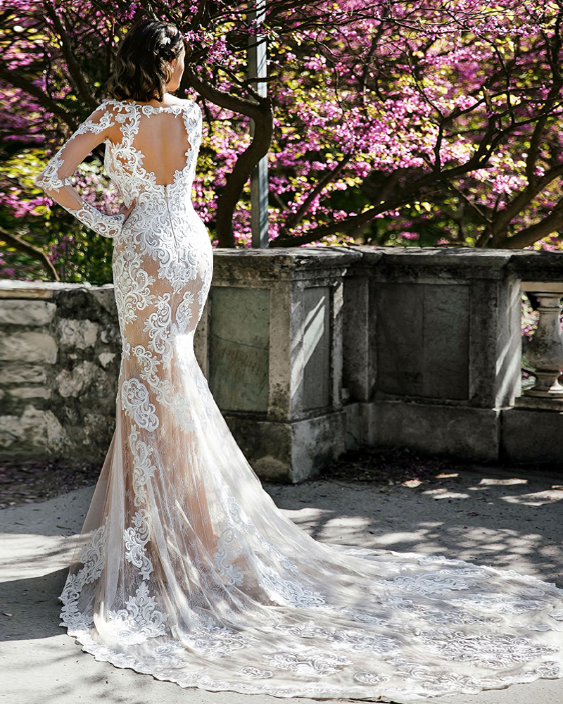 short fitted lace wedding dress Backless Lace Wedding Dresses Princess Ballgown with Sleeves |Sheergirl.com  – SheerGirl main image 1