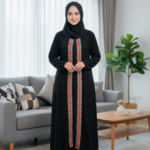 Traditional Black Embroidered Abaya <b>Dress</b> <b>for</b> Women <b>Long</b> Sleeve High Neck Modest Floor Length Cotton Daily Wear Middle East - Product Image 1