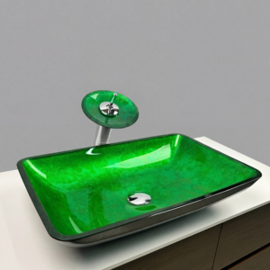 <span class=keywords><strong>Lavabo</strong></span> de Baño Rectangular de Vidrio Templado con un Solo Orificio, Estilo Vintage, Color <span class=keywords><strong>Verde</strong></span>, Marca BOWEIYA - Product Image 1