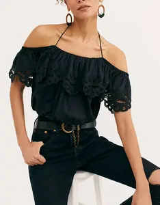 Sexy women off shoulder crochet lace trim cotton top blouse summer 2023 2023