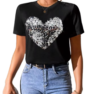 Produttore all'ingrosso <span class=keywords><strong>di</strong></span> cotone Spandex girocollo manica corta t-Shirt personalizzata oversize cuore lucido paillettes t-Shirt per le donne - Product Image 1